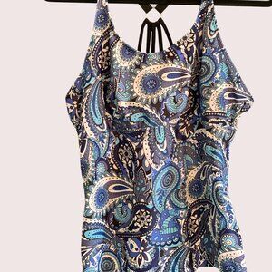 Womens XL Blue Paisley Print Tankini Top With Adjustable Straps & Tummy Control